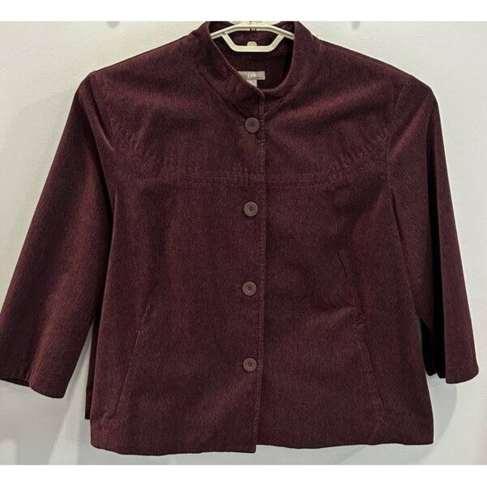 J Jill Burgundy Velvety Texture Button Front Jacket 3/4 Sleeve Size XL